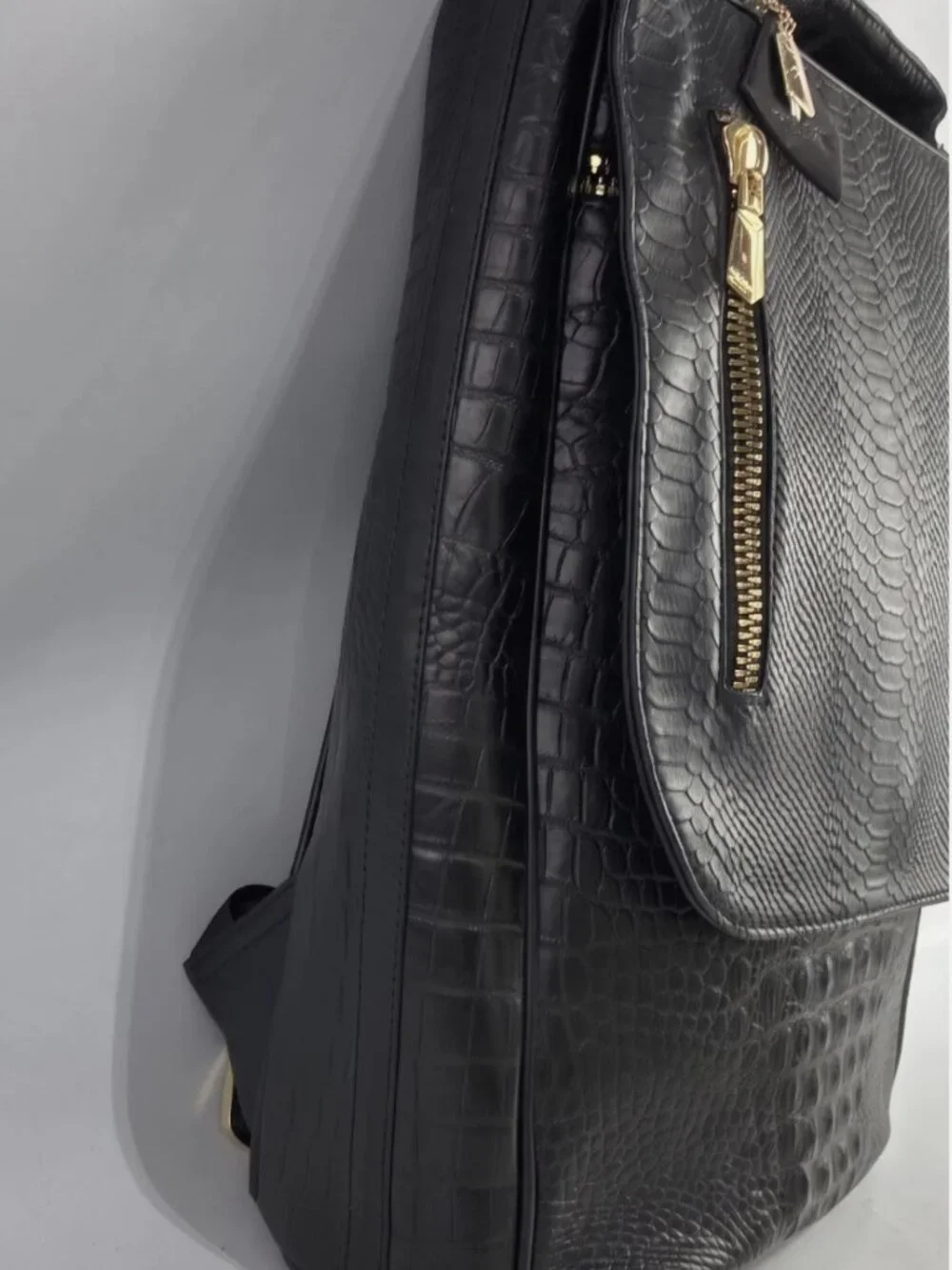 Tote and Carry Black Statement Weekender Backpack Croc Embossed Faux Leather - Picture 3 of 6